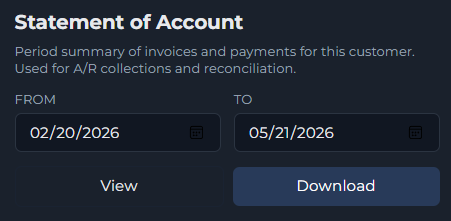 Statement of Account panel with date-range pickers and View / Download buttons.